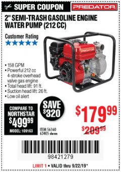 Harbor Freight Coupon PREDATOR 2 IN. 212CC GASOLINE ENGINE SEMI-TRASH WATER PUMP Lot No. 63405 Expired: 9/22/19 - $179.99