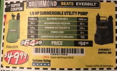 Harbor Freight Coupon DRUMMOND 1/6 HP SUBMERSIBLE UTILITY PUMP, 1600 GPH Lot No. 63319 Expired: 2/28/19 - $49.99