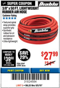 Harbor Freight Coupon DIABLO 3/8" X 50 FT. LIGHTWEIGHT RUBBER AIR HOSE Lot No. 63047/63006 Expired: 8/5/18 - $27.99