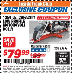 Harbor Freight ITC Coupon 1250 LB. CAPACITY LOW PROFILE MOTORCYCLE DOLLY Lot No. 95896 Expired: 11/30/18 - $79.99