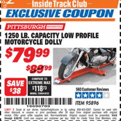 Harbor Freight ITC Coupon 1250 LB. CAPACITY LOW PROFILE MOTORCYCLE DOLLY Lot No. 95896 Expired: 4/30/19 - $79.99