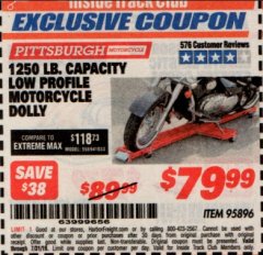 Harbor Freight ITC Coupon 1250 LB. CAPACITY LOW PROFILE MOTORCYCLE DOLLY Lot No. 95896 Expired: 7/31/19 - $79.99