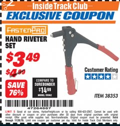 Harbor Freight ITC Coupon HAND RIVETER SET Lot No. 38353 Expired: 11/30/18 - $3.49