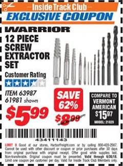 Harbor Freight ITC Coupon 12 PIECE SCREW EXTRACTOR SET Lot No. 61981 Expired: 6/30/18 - $5.99