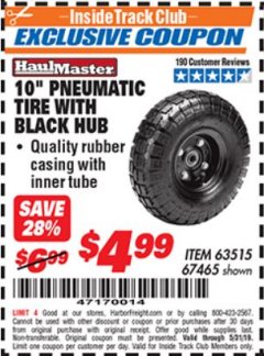 Harbor Freight ITC Coupon 10" PNEUMATIC TIRE WITH BLACK HUB Lot No. 63515/67465 Expired: 5/31/19 - $4.99