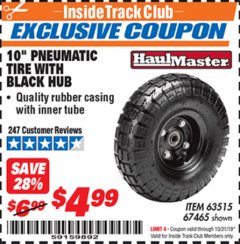 Harbor Freight ITC Coupon 10" PNEUMATIC TIRE WITH BLACK HUB Lot No. 63515/67465 Expired: 10/31/19 - $4.99