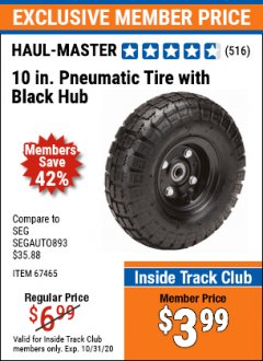 Harbor Freight ITC Coupon 10" PNEUMATIC TIRE WITH BLACK HUB Lot No. 63515/67465 Expired: 10/31/20 - $3.99