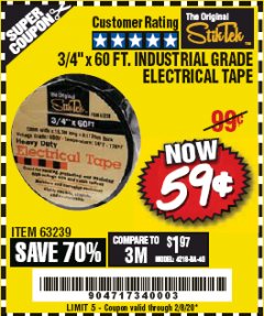 Harbor Freight Coupon 3/4" X 60 FT. INDUSTRIAL GRADE ELECTRICAL TAPE Lot No. 63239 Expired: 2/8/20 - $0.59