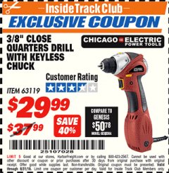 Harbor Freight ITC Coupon 3/8" HEAVY DUTY PROFESSIONAL VARIABLE SPEED REVERSIBLE CLOSE QUARTERS DRILL Lot No. 95877/63119 Expired: 8/31/18 - $29.99