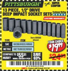 Harbor Freight Coupon 13 PIECE 1/2" DRIVE DEEP WALL IMPACT SOCKET SETS Lot No. 69560/67903/69280/69333/69561/67904/69279/69332 Expired: 12/1/18 - $19.99