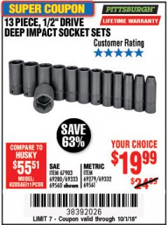 Harbor Freight Coupon 13 PIECE 1/2" DRIVE DEEP WALL IMPACT SOCKET SETS Lot No. 69560/67903/69280/69333/69561/67904/69279/69332 Expired: 10/1/18 - $19.99