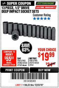 Harbor Freight Coupon 13 PIECE 1/2" DRIVE DEEP WALL IMPACT SOCKET SETS Lot No. 69560/67903/69280/69333/69561/67904/69279/69332 Expired: 12/23/18 - $19.99