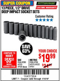 Harbor Freight Coupon 13 PIECE 1/2" DRIVE DEEP WALL IMPACT SOCKET SETS Lot No. 69560/67903/69280/69333/69561/67904/69279/69332 Expired: 1/14/19 - $19.99
