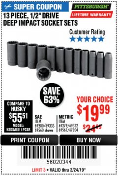 Harbor Freight Coupon 13 PIECE 1/2" DRIVE DEEP WALL IMPACT SOCKET SETS Lot No. 69560/67903/69280/69333/69561/67904/69279/69332 Expired: 2/24/19 - $19.99