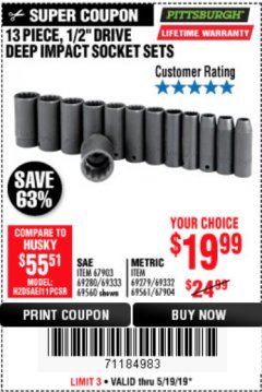 Harbor Freight Coupon 13 PIECE 1/2" DRIVE DEEP WALL IMPACT SOCKET SETS Lot No. 69560/67903/69280/69333/69561/67904/69279/69332 Expired: 5/19/19 - $19.99