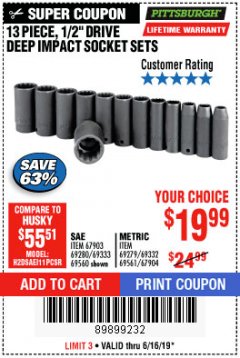 Harbor Freight Coupon 13 PIECE 1/2" DRIVE DEEP WALL IMPACT SOCKET SETS Lot No. 69560/67903/69280/69333/69561/67904/69279/69332 Expired: 6/16/19 - $19.99