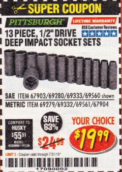 Harbor Freight Coupon 13 PIECE 1/2" DRIVE DEEP WALL IMPACT SOCKET SETS Lot No. 69560/67903/69280/69333/69561/67904/69279/69332 Expired: 7/31/19 - $19.99