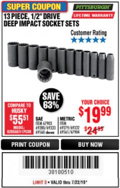Harbor Freight Coupon 13 PIECE 1/2" DRIVE DEEP WALL IMPACT SOCKET SETS Lot No. 69560/67903/69280/69333/69561/67904/69279/69332 Expired: 7/22/19 - $19.99