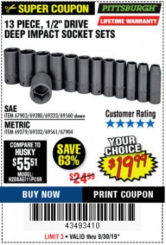 Harbor Freight Coupon 13 PIECE 1/2" DRIVE DEEP WALL IMPACT SOCKET SETS Lot No. 69560/67903/69280/69333/69561/67904/69279/69332 Expired: 9/30/19 - $19.99
