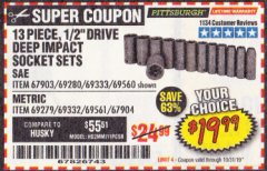 Harbor Freight Coupon 13 PIECE 1/2" DRIVE DEEP WALL IMPACT SOCKET SETS Lot No. 69560/67903/69280/69333/69561/67904/69279/69332 Expired: 10/31/19 - $19.99