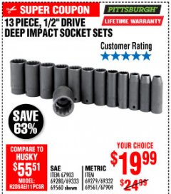 Harbor Freight Coupon 13 PIECE 1/2" DRIVE DEEP WALL IMPACT SOCKET SETS Lot No. 69560/67903/69280/69333/69561/67904/69279/69332 Expired: 10/4/19 - $19.99
