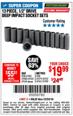 Harbor Freight Coupon 13 PIECE 1/2" DRIVE DEEP WALL IMPACT SOCKET SETS Lot No. 69560/67903/69280/69333/69561/67904/69279/69332 Expired: 12/24/19 - $19.99