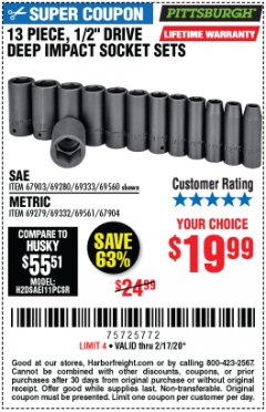 Harbor Freight Coupon 13 PIECE 1/2" DRIVE DEEP WALL IMPACT SOCKET SETS Lot No. 69560/67903/69280/69333/69561/67904/69279/69332 Expired: 2/17/20 - $19.99