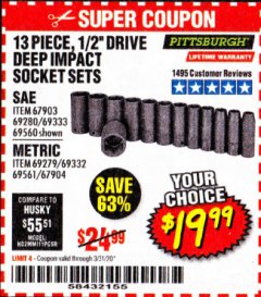 Harbor Freight Coupon 13 PIECE 1/2" DRIVE DEEP WALL IMPACT SOCKET SETS Lot No. 69560/67903/69280/69333/69561/67904/69279/69332 Expired: 3/31/20 - $19.99