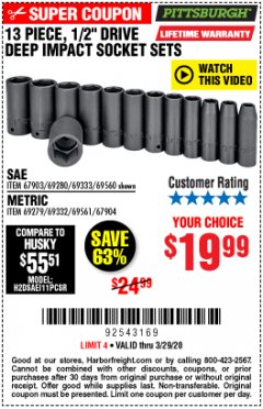 Harbor Freight Coupon 13 PIECE 1/2" DRIVE DEEP WALL IMPACT SOCKET SETS Lot No. 69560/67903/69280/69333/69561/67904/69279/69332 Expired: 3/29/20 - $19.99