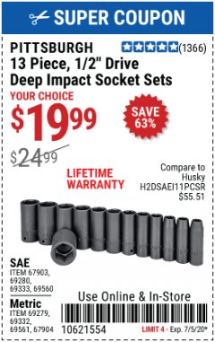 Harbor Freight Coupon 13 PIECE 1/2" DRIVE DEEP WALL IMPACT SOCKET SETS Lot No. 69560/67903/69280/69333/69561/67904/69279/69332 Expired: 7/5/20 - $19.99