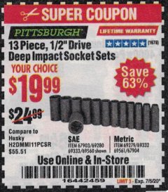 Harbor Freight Coupon 13 PIECE 1/2" DRIVE DEEP WALL IMPACT SOCKET SETS Lot No. 69560/67903/69280/69333/69561/67904/69279/69332 Expired: 7/5/20 - $19.99