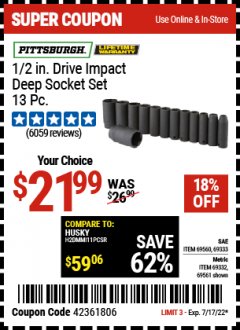 Harbor Freight Coupon 13 PIECE 1/2" DRIVE DEEP WALL IMPACT SOCKET SETS Lot No. 69560/67903/69280/69333/69561/67904/69279/69332 Expired: 7/17/22 - $21.99
