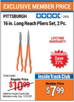 Harbor Freight ITC Coupon 2 PIECE, 16" LONG REACH PLIERS SET Lot No. 38598/64082 Expired: 12/3/20 - $7.99