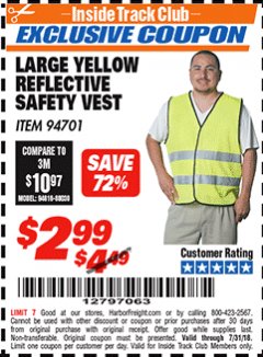 Harbor Freight ITC Coupon YELLOW REFLECTIVE SAFETY VESTS Lot No. 94701/94700 Expired: 7/31/18 - $2.99