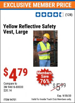 Harbor Freight ITC Coupon YELLOW REFLECTIVE SAFETY VESTS Lot No. 94701/94700 Expired: 9/30/20 - $4.79