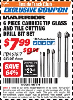 Harbor Freight ITC Coupon 6 PIECE CARBIDE TIP GLASS AND TILE CUTTING DRILL BIT SET Lot No. 68168/61617 Expired: 1/31/19 - $7.99