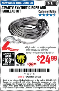 Harbor Freight Coupon ATV/UTV SYNTHETIC ROPE AND FAIRLEAD KIT Lot No. 63139 Expired: 6/30/20 - $24.99