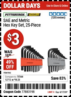 Harbor Freight Coupon PITTSBURGH SAE AND METRIC HEX KEY SET, 25-PIECE Lot No. 5962 Valid Thru: 6/17/26 - $3