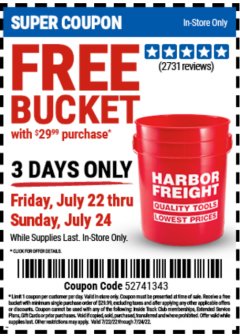 Harbor Freight FREE Coupon 5 GALLON BUCKET Lot No. 47523 Expired: 7/24/22 - FWP