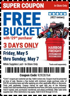 Harbor Freight FREE Coupon 5 GALLON BUCKET Lot No. 47523 Expired: 5/7/23 - FWP