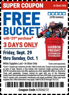 Harbor Freight FREE Coupon 5 GALLON BUCKET Lot No. 47523 Expired: 10/1/23 - FWP