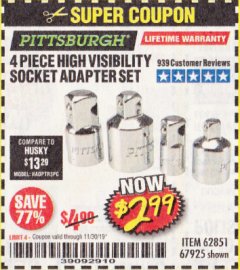 Harbor Freight Coupon 4 PIECE HIGH VISIBILITY SOCKET ADAPTER SET Lot No. 62851/67925 Expired: 11/30/19 - $2.99