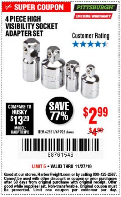Harbor Freight Coupon 4 PIECE HIGH VISIBILITY SOCKET ADAPTER SET Lot No. 62851/67925 Expired: 11/27/19 - $2.99