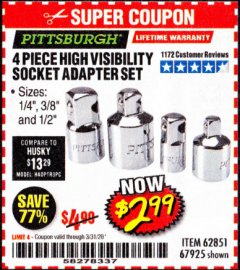 Harbor Freight Coupon 4 PIECE HIGH VISIBILITY SOCKET ADAPTER SET Lot No. 62851/67925 Expired: 3/31/20 - $2.99