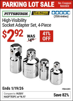 Harbor Freight Coupon PITTSBURGH HIGH-VISIBILITY SOCKET ADAPTER SET, 4-PIECE Lot No. 62851 Expired: 12/31/69 - $2.92