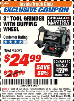 Harbor Freight ITC Coupon 3" TOOL GRINDER WITH BUFFING WHEEL Lot No. 94071 Expired: 8/31/18 - $24.99