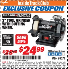Harbor Freight ITC Coupon 3" TOOL GRINDER WITH BUFFING WHEEL Lot No. 94071 Expired: 8/31/19 - $24.99