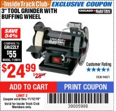 Harbor Freight ITC Coupon 3" TOOL GRINDER WITH BUFFING WHEEL Lot No. 94071 Expired: 11/12/19 - $24.99