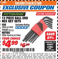 Harbor Freight ITC Coupon 13 PIECE BALL END HEX KEY SETS Lot No. 61965/94680/96416/61966 Expired: 11/30/18 - $4.99