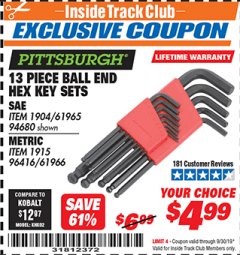 Harbor Freight ITC Coupon 13 PIECE BALL END HEX KEY SETS Lot No. 61965/94680/96416/61966 Expired: 9/30/19 - $4.99
